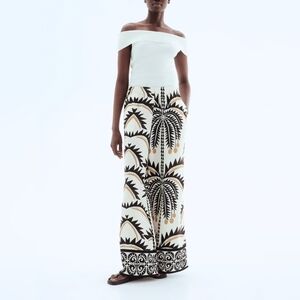H&M White Wide-Leg Palm Print Pants